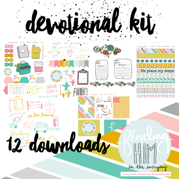 Colorful graphic featuring a devotional kit with various designs and elements, including notes, symbols, and decorative patterns. Text highlights include 'devotional kit' and '12 downloads'.