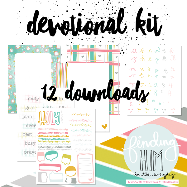 Image of a devotional kit featuring colorful designs, with texts indicating 'devotional kit' and '12 downloads'. Various decorative elements and text phrases are included in the layout.