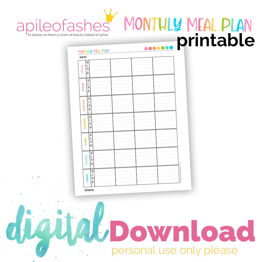 Monthly Meal Plan Printable * apileofAshes
