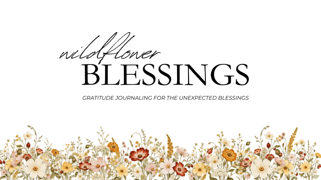 Text graphic featuring the words 'wildflower BLESSINGS' and the subtitle 'GRATITUDE JOURNALING FOR THE UNEXPECTED BLESSINGS' with a floral border at the bottom.