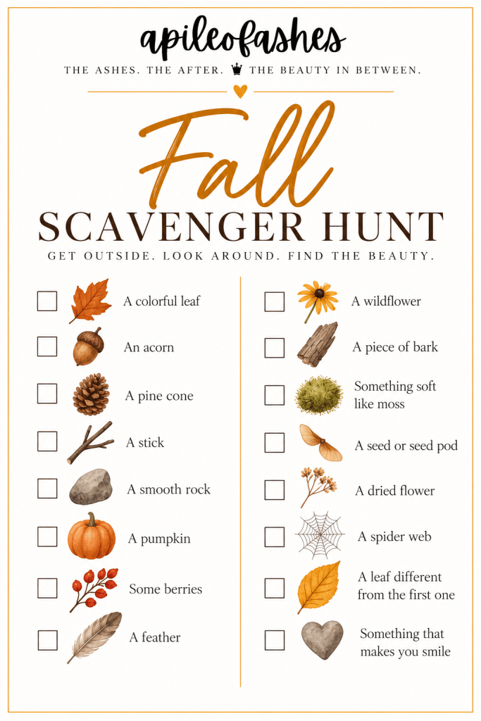 Fall scavenger hunt checklist with items like colorful leaves, pine cones, pumpkins, and wildflowers.