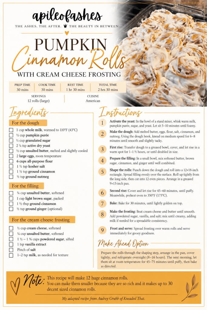 Recipe for pumpkin cinnamon rolls with cream cheese frosting, including prep and cook times, ingredients, and step-by-step instructions.