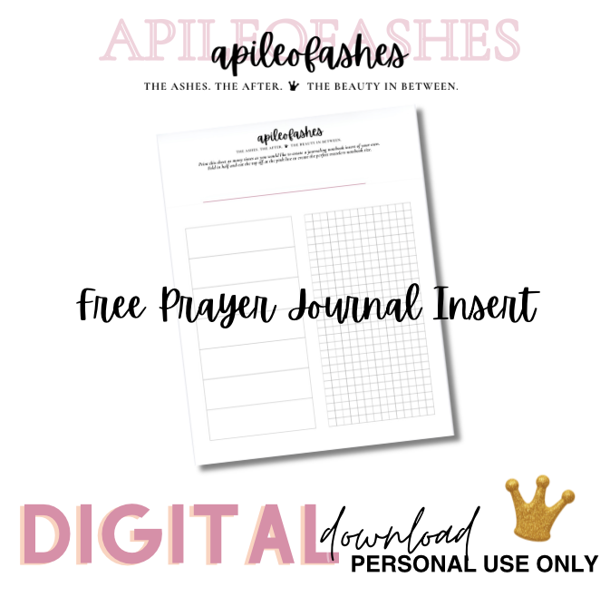 A digital download featuring a free prayer journal insert with sections for writing and a grid layout, branded with the 'apileofashes' logo.