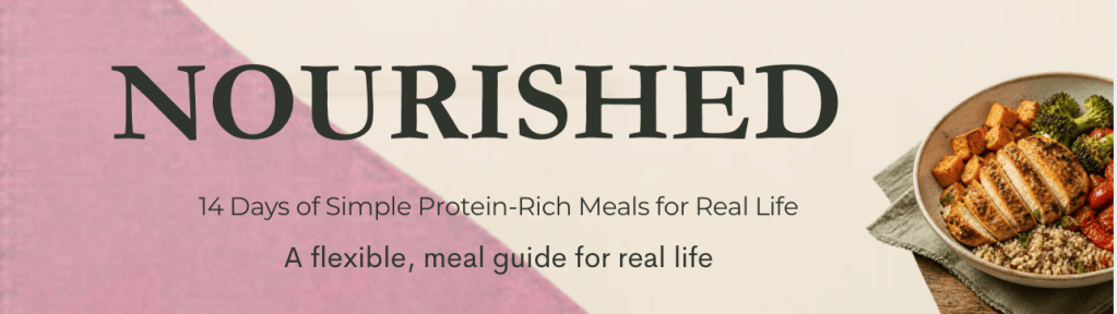Nourished: 14 Days of Simple Protein-Rich Meals for Real Life, featuring a colorful plate with grilled chicken, vegetables, and grains.