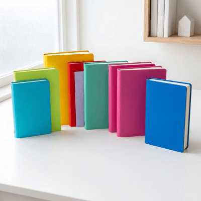 Five decorative journals arranged on a rustic wooden desk
