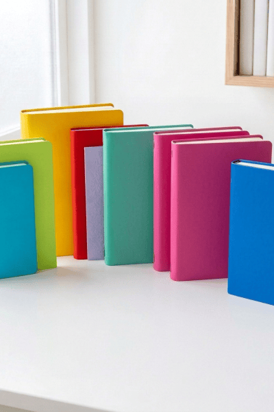 Five decorative journals arranged on a rustic wooden desk