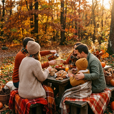 Family and friends enjoying an autumn picnic with warm drinks and pastries