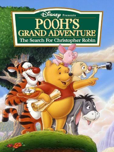 Cover of 'Pooh's Grand Adventure: The Search for Christopher Robin' featuring Winnie the Pooh, Tigger, Piglet, and Eeyore in a colorful forest setting.
